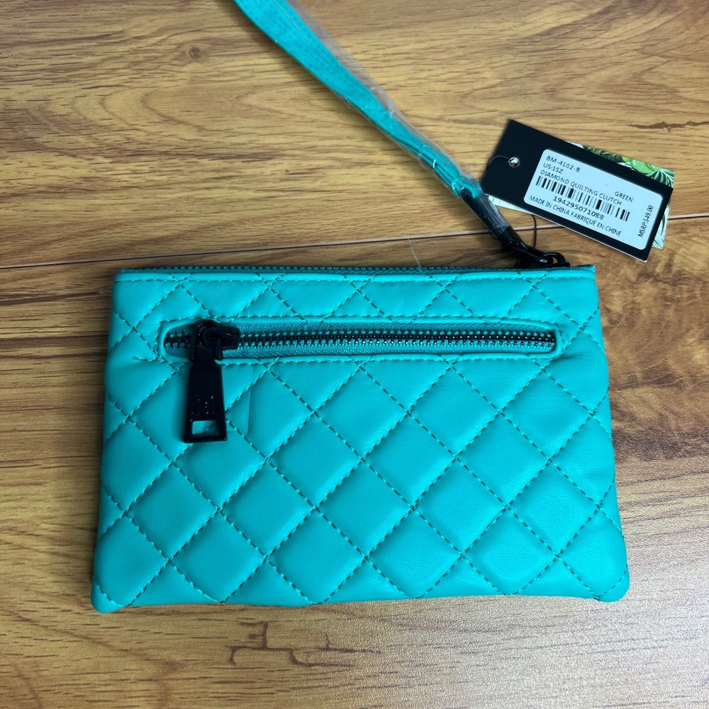 Studio Badgley Mischka Green Diamond Quilted Vegan‎ Leather Clutch Wristlet NWT - Picture 2 of 4